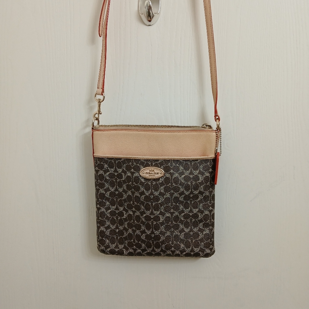 Coach Brown Signature Coated Canvas With Tan Leather Trim Crossbody Bag.